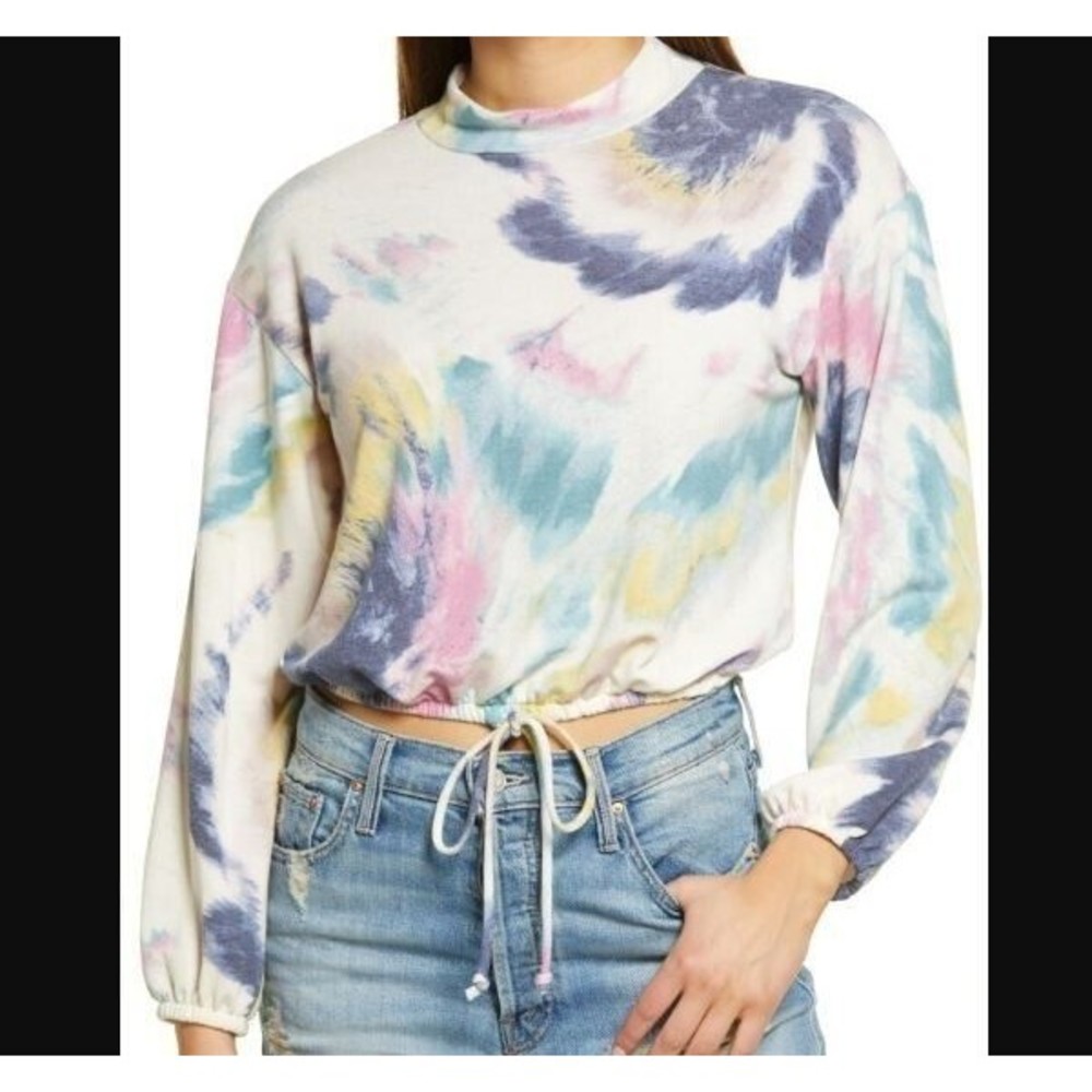All In Favor Tie Dye Puff Sleeve Crop Sweatshirt Mock Neck Purple Green Small